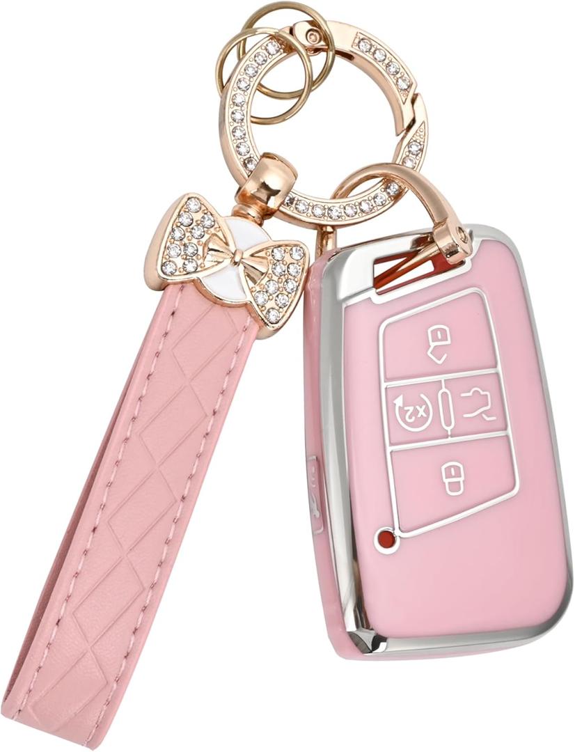Key Fob Cover for Volkswagen with Keychain, Soft TPU Protection Car Key Case for VW Tiguan Atlas Taos SEL Jetta GLI Passat Arteon Golf Alltrack Remote Start Smart Key (Pink) (Model 1)