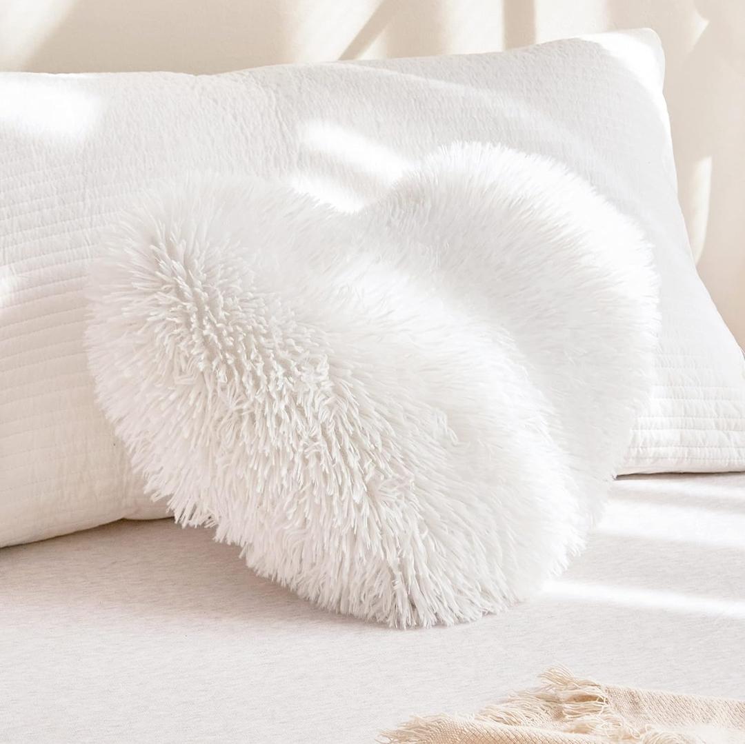 MOOWOO White Fluffy Heart Pillow, Faux Fur Throw Pillow,Sherpa Plush Fluffy, Cute Soft Throw Cushion, Valentines Day,Thanks Giving Days,Christmas Day Decorative for Home Bed Couch Heart Shape, 15.7*15.7 Inches