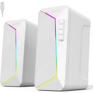 Jeecoo M30 Bluetooth Computer Speakers, PC Gaming Speakers for Desktop with Crisp Stereo Sound, Dynamic LED Modes, Easy-Access Control, 10W - USB-Powered, White