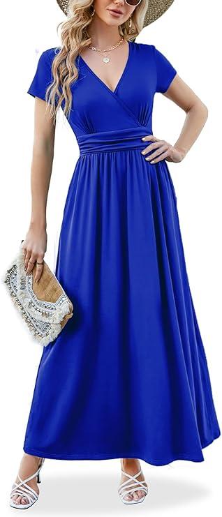 Maxi Dress for Women Wrap V Neck Short Sleeve Empire Pleated Waist Summer Casual Elegant Long Dresses with Pockets, XL