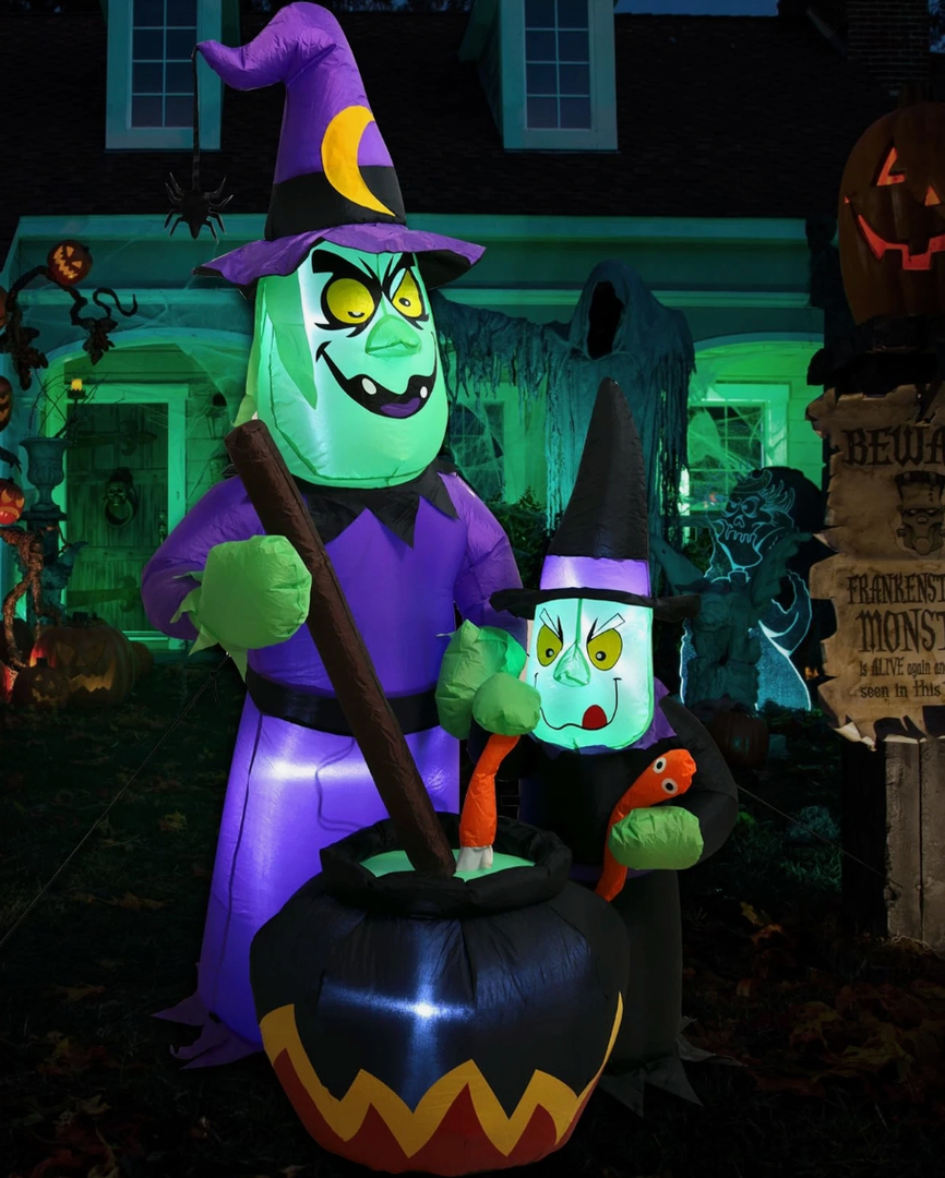 TCFUNDY Inflatable Halloween Decorations 6FT Scary Witch and Son Around Cauldron, Halloween Blow Up Yard Large Inflatables Outdoor with Build-in LEDs for Halloween Party Indoor, Outdoor Decoration