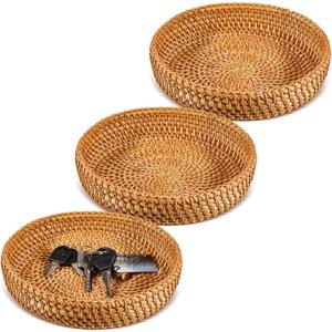 Hushee 3 Pcs Small Round Keys Basket for Entryway Woven Bowl Basket Rattan Wicker Round Tray Organizing for Keys Wallet Cell Phone Tabletop Serving Fruit Food Holder Decorative Table Storage (brown)