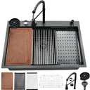 33 Inch Black Waterfall Kitchen Sink Stainless Steel Workstation, 33x22 Drop In Kitchen Sink with Waterfall and Faucet Combo 16 Gauge Multifunctional Single Bowl Upgraded Sinks