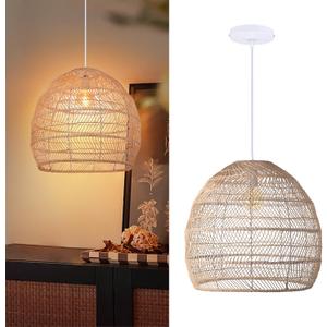 Arturesthome 19.6" Rattan Woven Pendant Light Wicker Chandelier, Boho Rattan Chandelier Light Fixture for Kitchen Island Dining Room (50cm*45cm, Natural)