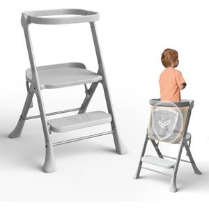 Toddler Tower, Toddler Kitchen Stool Helper with Anti-Tipping Structure and Safety Net, More Secure and Stable, Ideal for Toddlers 18 Months to 4 Years Old, Gray