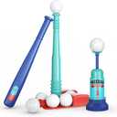 T Ball Stand for Kids and Toddlers 1-3, 3-5, 5-8. Baseball Set Includes 6 Large Balls, an Adjustable Tball Batting Tee, and a Pitching Machine. Kids Bat and Ball, T-Ball Sets for Kids
