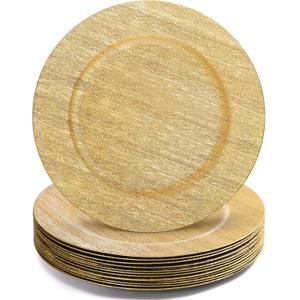 Jucoan 12 Pack Gold Charger Plates for Dinner Plates, 13 Inch Round Plastic Shiny Texture Strip Charger Plates for Wedding Thanksgiving Christmas Party Event Catering Hotel Tabletop Setting Decor