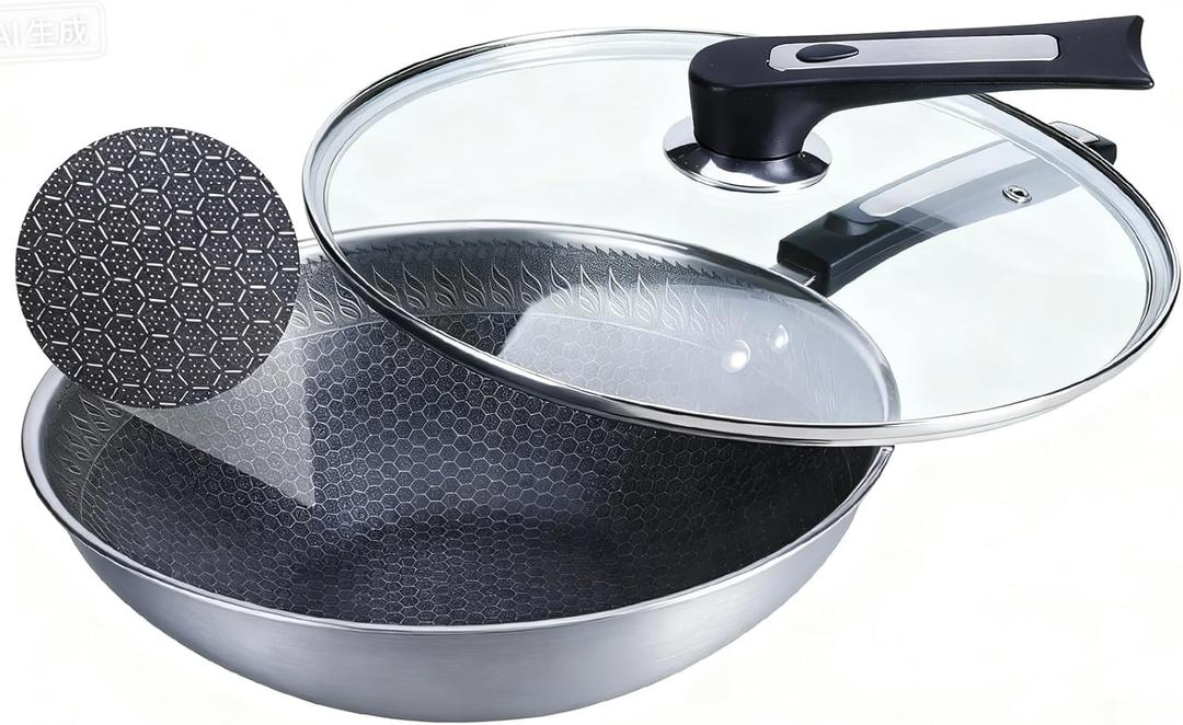 Non Stick Frying Pans,Hybrid 12 Inch Stainless Steel Frying Pan,Honeycomb Skillet with Lid,Non-Toxic Cooking Pan,Compatible with All Cooktops
