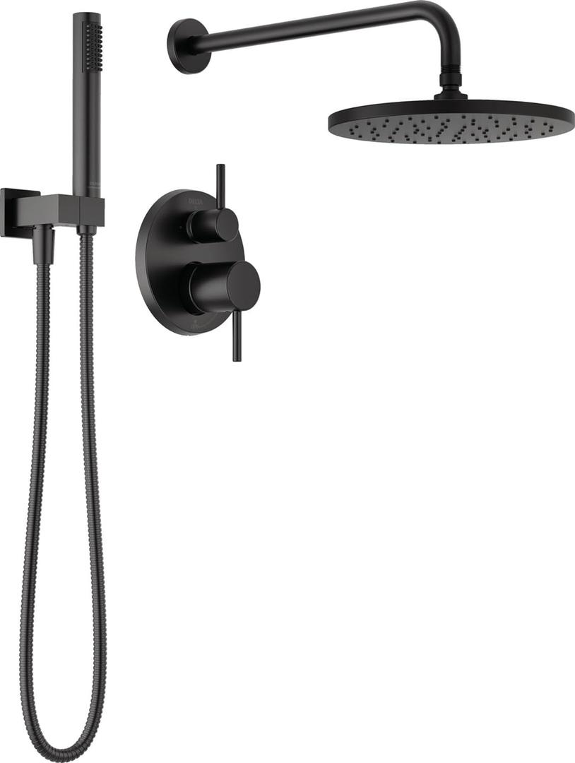 Delta Modern 14 Series Round Rain Shower System Faucet Set, Rainfall Matte Black Shower Head and Handle Set, Valve Trim Kit, 10 Inch, Matte Black 342702-BL