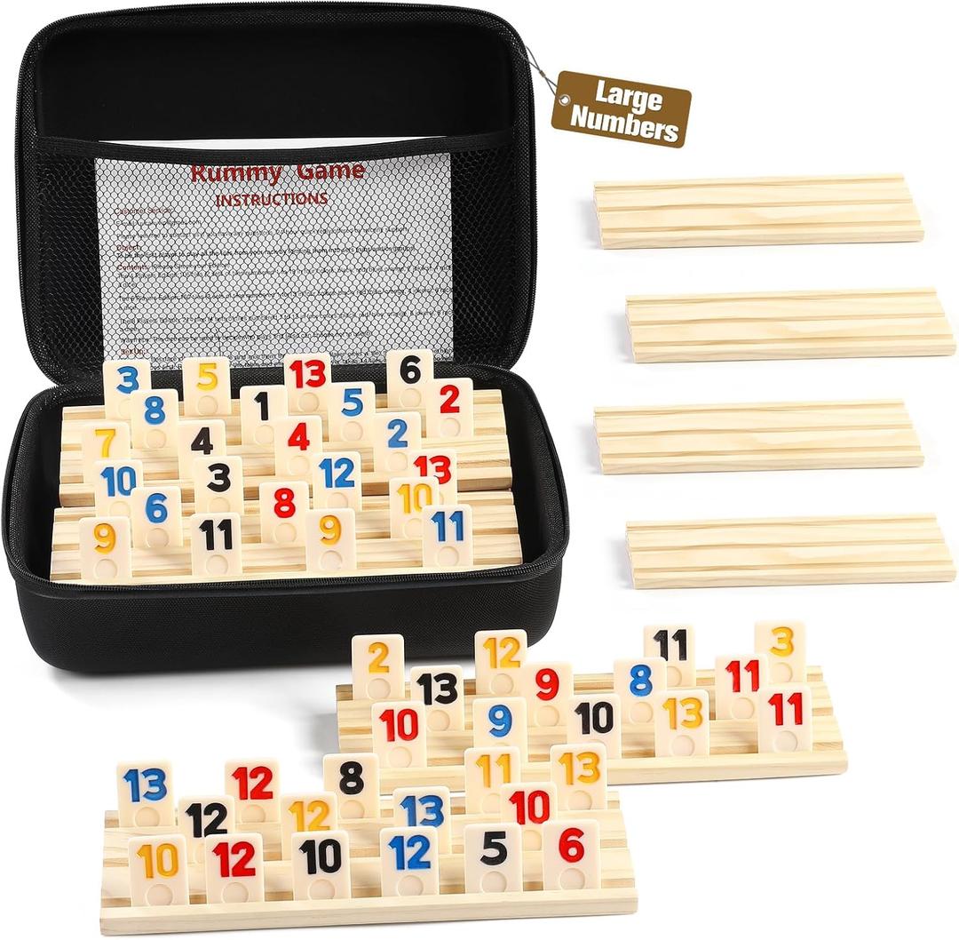 Rummy Cube 8 Player Edition with 8 Wooden Racks/Trays, 214 Large Numbers Rummy Tiles 6-8 Players Set with Zippered Case, Rummy Travel Game Set with 8 Tiles Holders for Family Adults Kids