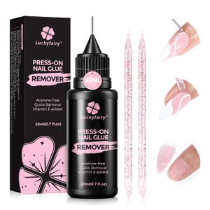 Luckyfairy Pinpoint Nail Glue Remover: 20ml Press on Nail Remover with Cuticle Pusher, Gentle Glueoff, Quick Nail Remover for Nails Tips, Non-Acetone Nail Polish Remover, Not for Gel Polish