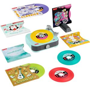 Fisher-Price Musical Toy Deluxe Rockin Record Player Pretend Turntable with 6 Albums for Preschool Play Kids Ages 3+ Years