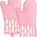 Slohif Long Silicone Oven Mitts Heat Resistant for Women - 2 Pcs Pink Bow 100% Cotton Oven Gloves, Non-Slip and Waterproof Silicone Oven Mitts with Hanger for Baking and Cooking