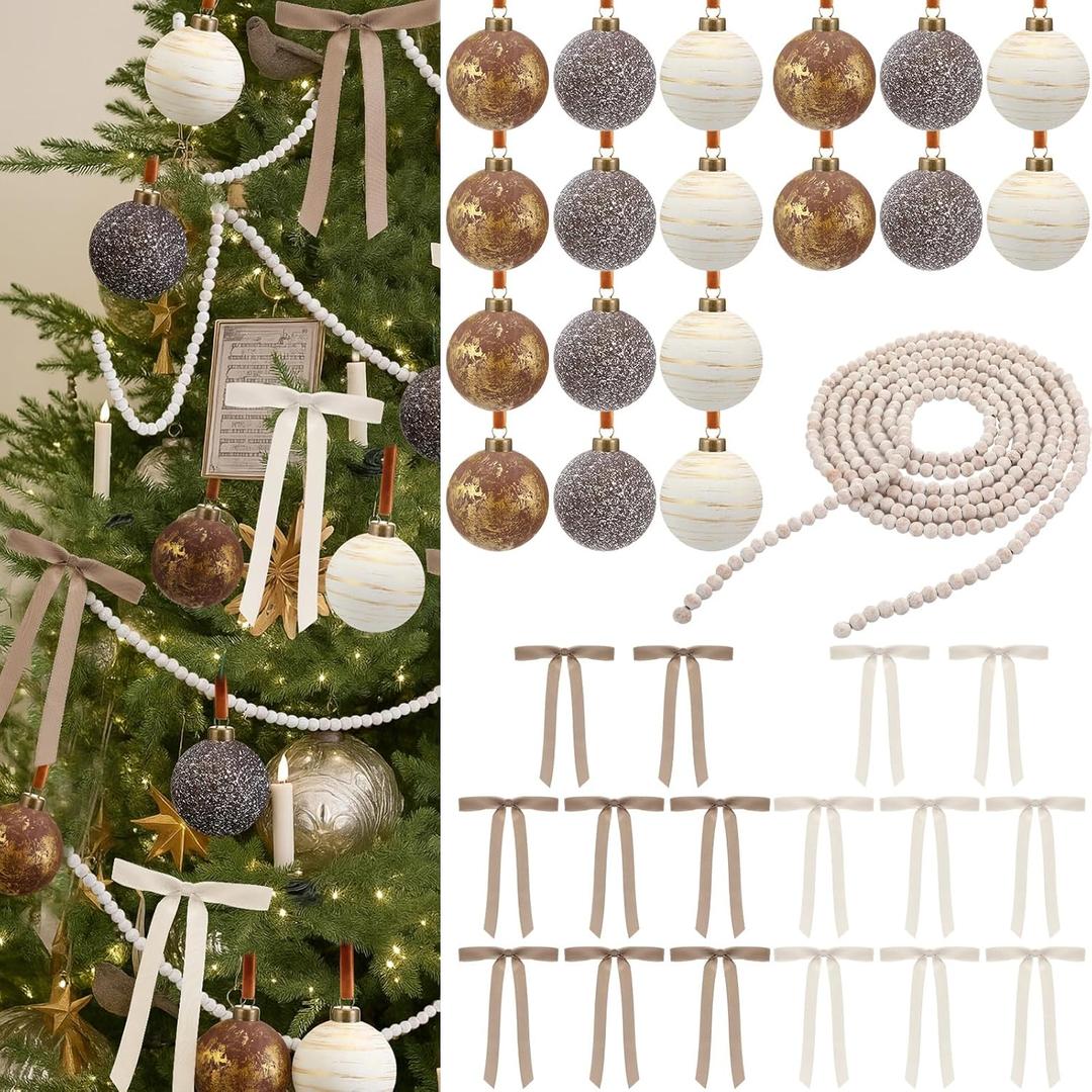 Leitee 43 Pcs Vintage Brown Christmas Tree Ornament Kit Neutral Terracotta Hanging Decor Ornament 18 Textured Christmas Ball 14.8' Antique Beads Garland 24 Bows for Farmhouse Rustic Xmas Tree Decor