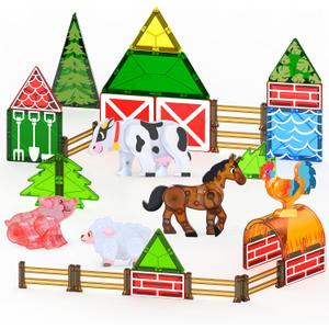 Oriate Farm Animals Magnetic Tiles, Movable Joint Farming Animals Magnetic Building Blocks Magnet Tiles Set, Educational Construction Travel Toy