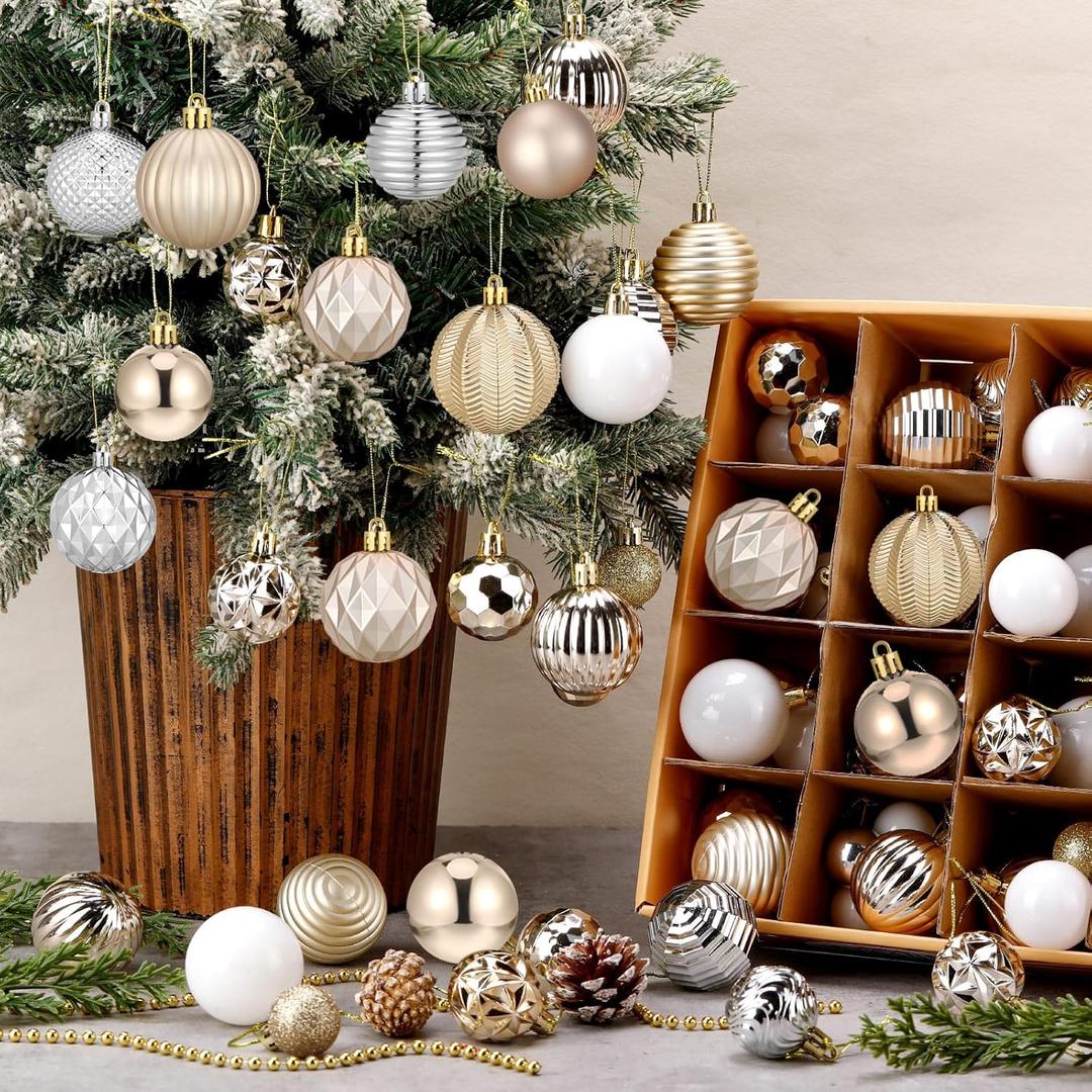 64 Pcs Christmas Ball Ornaments Champagne Gold Silver White Xmas Ornaments Sets 1.6/1.97/2.4 Inch Shatterproof Glitter Xmas Balls Assorted Holiday Neutral Modern Christmas Decor for Tree Home