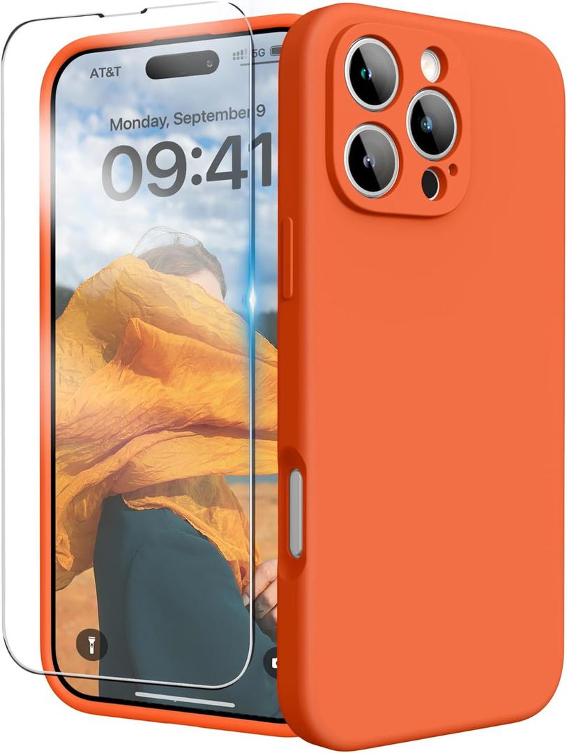 for iPhone 16 Pro Case, Liquid Silicone Case with Camera Protection Soft Gel Rubber Cover with Microfiber Lining Shockproof Protective Phone Case for iPhone 16 Pro 6.3", Neon Orange