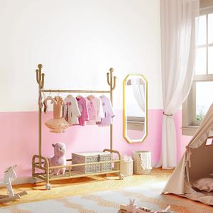 Bestier Kids Dress Up Rack, Adjustable Height for Kids Clothes, Metal Rack with Wheels and Bottom Storage Shelf, Gold