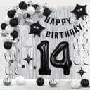 14th Birthday Decorations for Boys Girls, Silvery and Black Happy 14th Birthday Banner ,Number 14 Balloons Arch Kit for 14 year old Birthday Party Decorations.