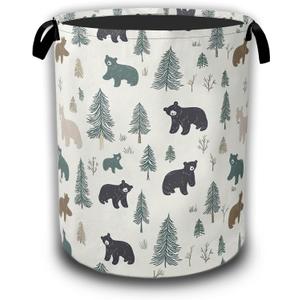 Bear Pine Tree Laundry Basket,Wild Animal Laundry Hamper Waterproof Oxford Cloth Tote Collapsible,Clothes Storage Bucket Decorative Toy Organizer For Bathroom Bedroom 16" x 20.8"