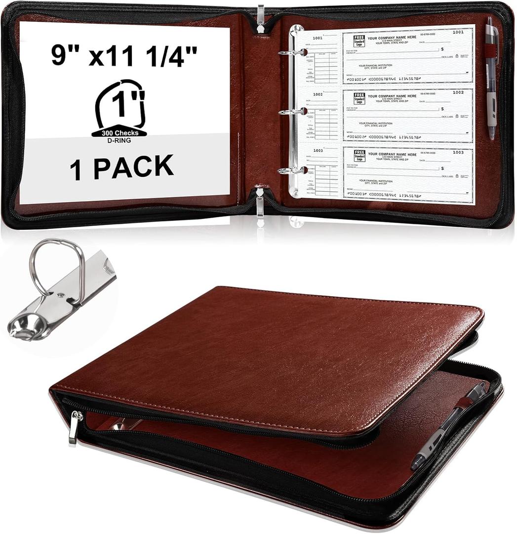 3 Rings Check Binder with Zipper PU Leather Cover for End-Stub Deskbook Personal Checks Binder for Desk fit 3 & 9 Holes Checkbook Cover 1 D Ring for Office (Not Fit 7 Holes,Light Brown)