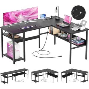 Reversible L Shaped Computer Desk with Power Outlets and USB Charging Ports, Sturdy Corner Desk with Storage Shelf, Modern Work Gaming Table for Home Office, Easy to Assemble, Black (L Shaped Desk)