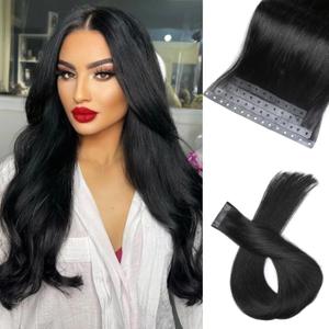 Human Hair Extensions Micro Ring PU Hair Extension Glueless Remy Human Hair Extensions with Holes Natural Black Invisible Skin Weft Tape in Hair Extension for Women (35g 4Pcs,18 Inch) (1B)