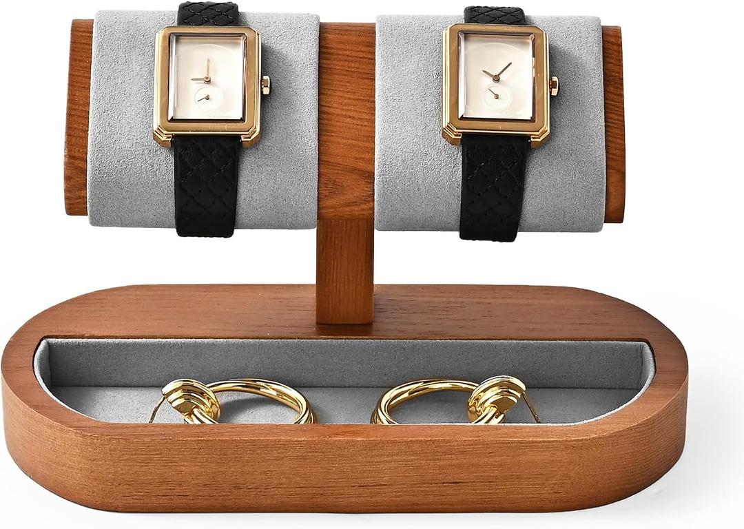 Solid Wood Watch Stand Display Watch Ring Earrings Stand for Men and Women Jewelry Bracelet Wristwatch Organizer for Store and Home(Double) (Double-Flat Tray)