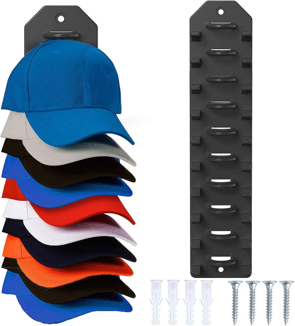 2 x Hat Organizer for Baseball Caps,Hat Rack for Wall, Compact Hat Storage Display Holder,Hold Up to 10 Hats,Hat Hanger Strong Adhesive/Wall Drilled for Door,Bedroom,Closet (Gery Black)