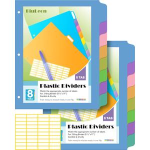 16 PCS 8 Tab Binder Dividers for 3 Ring Binder,Thicken, Write & Erase Reusable Waterproof Plastic Binders for School & Office Files, 2 Set, Extra 40 Labels (Blue)