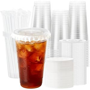 Lamosi 50 Pack 24 oz Clear Plastic Cups with Lids and Straws, Disposable Plastic Coffee Cups with Lids for Iced Coffee, Cold Beverages, Smoothies and To-Go Drinks