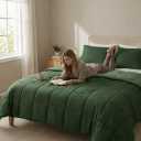HIG 3pc Green Queen Size Comforter Set - All Season Reversible Down Alternative Bedding Comforter Set - Quilted Duvet Insert with Corner Tabs - Box Stitched Blanket - Breathable, Soft, Fluffy