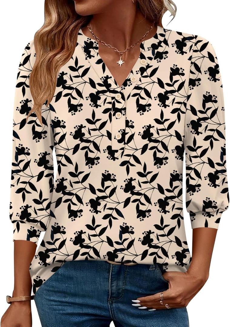 Rapbin 3/4 Length Sleeve Womens Tops 2025 Summer Fall Henley V Neck Button Down Tunic Shirts Casual Business Blouses (M)