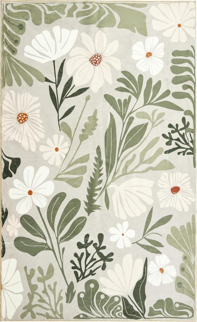 RoomTalks Cute Funky Bedroom Rugs Aesthetic Decor, 5x7 Washable Area Rug Non Slip Sage Green Boho Floral Botanical Rug Modern Abstract Throw Rug Accent Carpet for Living Room Kitchen Entryway Dorm