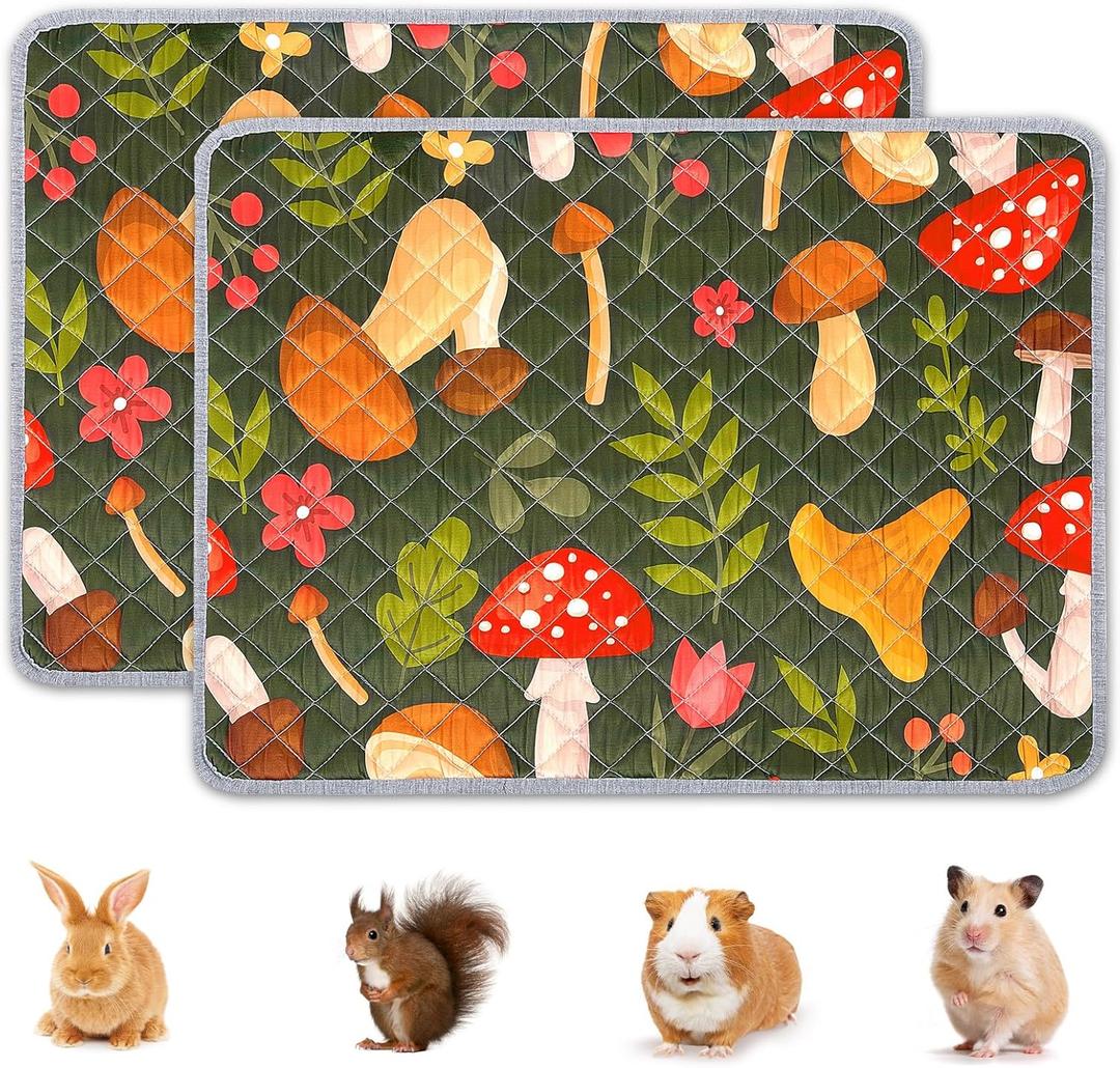 2 Pack Guinea Pig Bedding, Washable Guinea Pig Cage Liner Reusable Guinea Pig Mat Waterproof Guinea Pig Bedding for Cage, Super Absorbant Guinea Pig Pee Pads for Small Animals Hamster Rabbit Squirrel (Mushrooms)