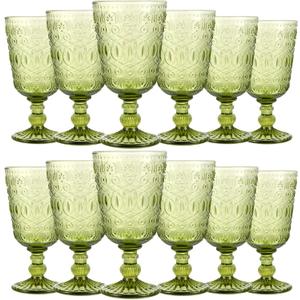 Eaasty Wine Glasses Set of 12 Vintage Goblet 9 oz Vintage Colored Glass Goblet Beverage Stemmed Glass Cups Romantic Embossed Glassware for Wedding Party Holidays Anniversary (Green)