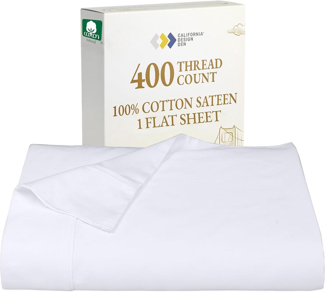 California Design Den Twin Flat Sheet Only, Soft 400 Thread Count 100% Cotton Bed Sheets, Soft Sateen Breathable & Durable Bedding - Bright White