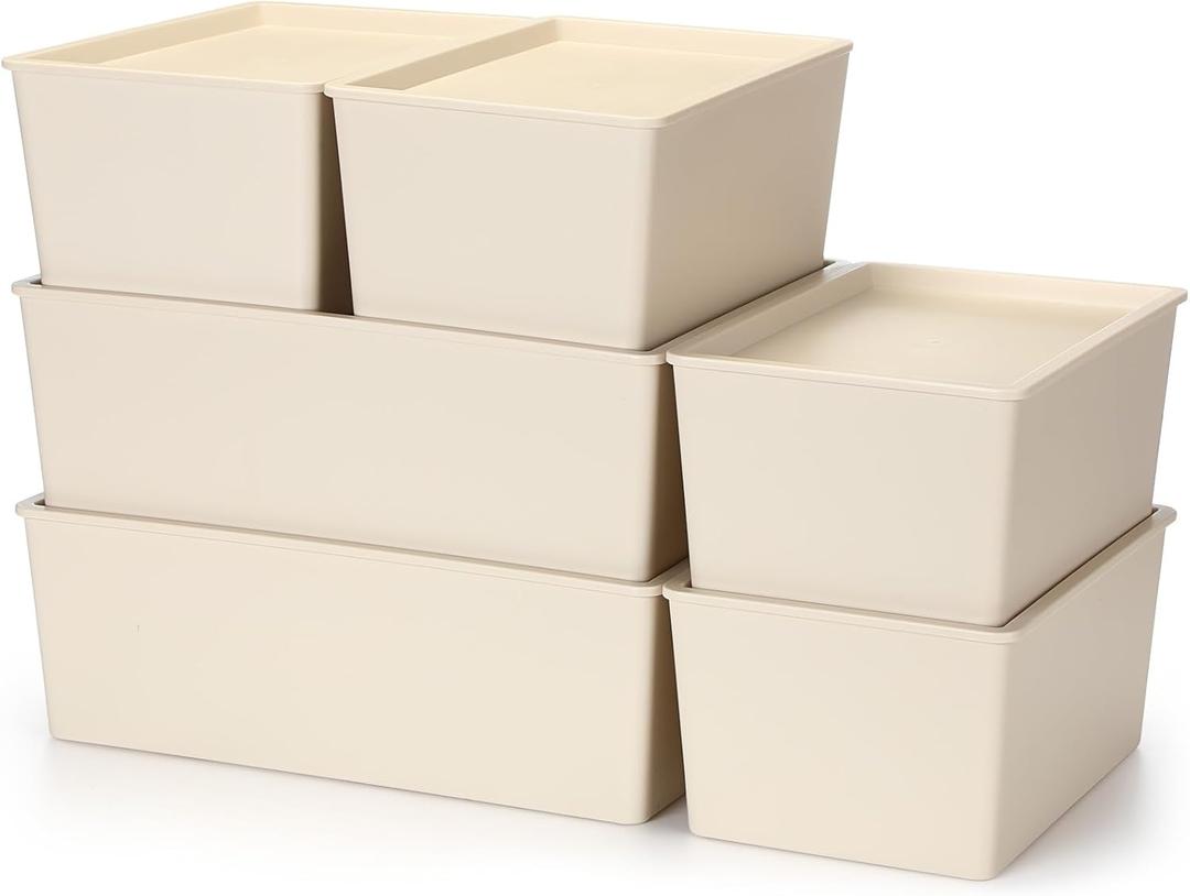 Menkxi 6 Pcs Large and Small Plastic Storage Bins with Lids 14.4 x 10.4 x 5.1 Inch Stackable Storage Containers Decorative Cubby Organizer for Clothes Shelves Garage Closet Office (White)