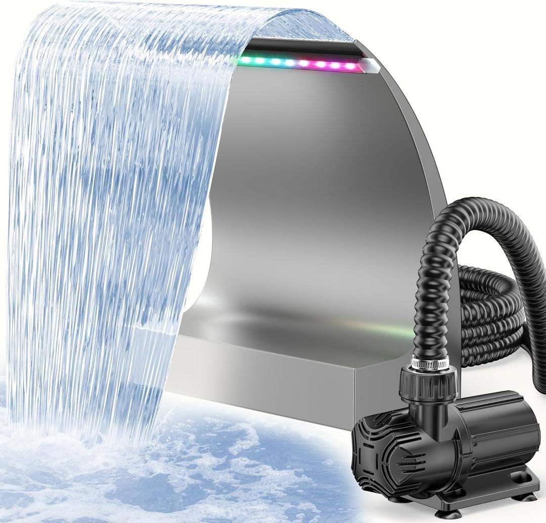 POPOSOAP Pond Waterfall Spillway with LED Lights & 1600GPH Pond Pump, 12Inch Pond Spillway Kit for Garden Ponds, Outdoor Water Feature with App & Remote Control for Backyard Landscape Decoration-P43C
