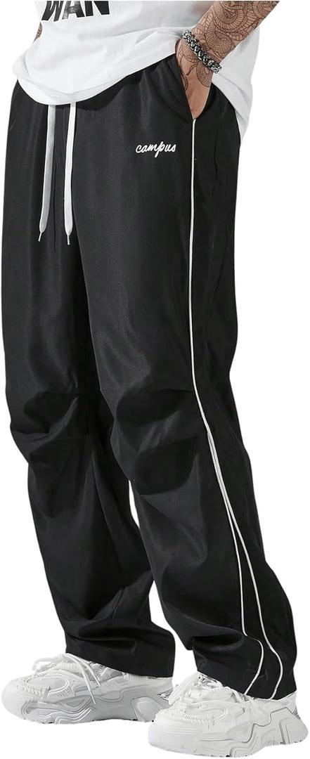 GORGLITTER Men's Lightweight Baggy Sweatpants Contrast Trim Letter Graphic Open Bottom Athletic Pants with Pockets (X-Large, Black)