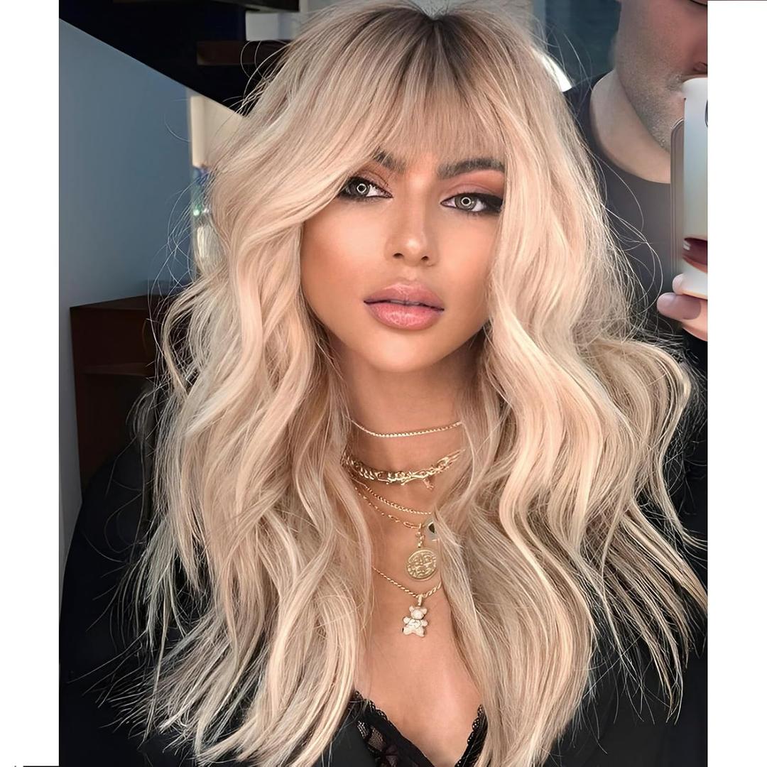 Blonde Wig with Bangs,Dirty Blonde Wavy Wigs for Women,Shoulder Length Curly Synthetic Hair Wig for Party Daily Use 18IN (Dirty Blonde 18)