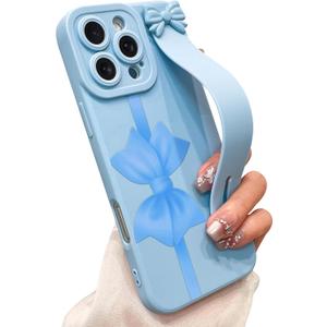 Cute Bow Case for iPhone 16 Pro Max with Finger Hand Wrist Strap | Ribbon Design with Adjustable Wristband Kickstand Soft TPU Camera Protection Phone Cover for Women Girls - Blue Bow