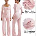 OMKAGI Womens Lounge Set Lace Square Neck Long Sleeve Tops Wide Leg Pants 2 Piece Outfits (Pink, XL)