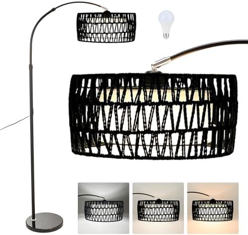 Arc Floor Lamp for Living Room, Stylish Rattan Boho Floor Lamp with 3 Color Temperature Dimmable LED Bulb, Farmhouse Tall Lamp, Arched Standing Lamp for Office Bedroom Living Room Corner (Black)