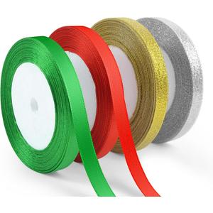 4 Rolls 3/8" Christmas Glitter & Satin Ribbons Set, Total 100 Yards Xmas Holiday Ribbon for Gift Wrapping, Crafts, Festival Ornaments, Wedding Party Decoration (Colorful)