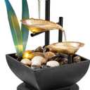 Tabletop Fountain Desktop Fountain 3-Tier Indoor Golden Lotus Leaf Relaxation Fountains Tabletop Waterfall, Office Home Decor Including Lots of Natural River Rocks and Warm Yellow Scene Light