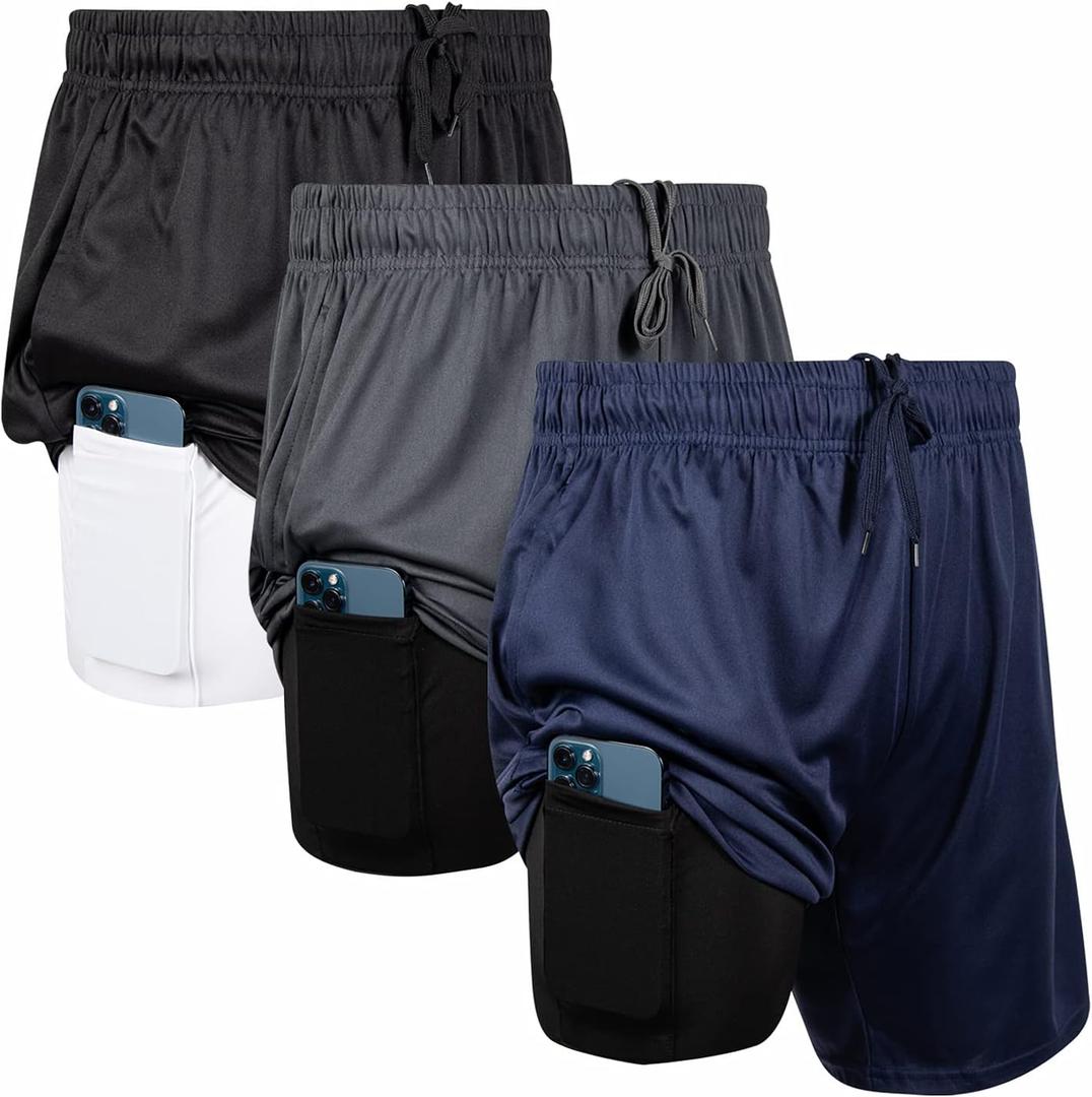 Ultra Performance 3 Pack Mens 2 in 1 Athletic Running Shorts 7 inch Inseam Workout Gym Compression Shorts for Men (Large, Navy/Black, Black/White, Char/Black)