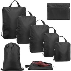 Navaris Compression Packing Cubes Set of 8 - Compressible Travel Bags for Packing Many Sizes - Lightweight Compression Travel Organizer Suitcase Carry On Luggage Backpacks - Black