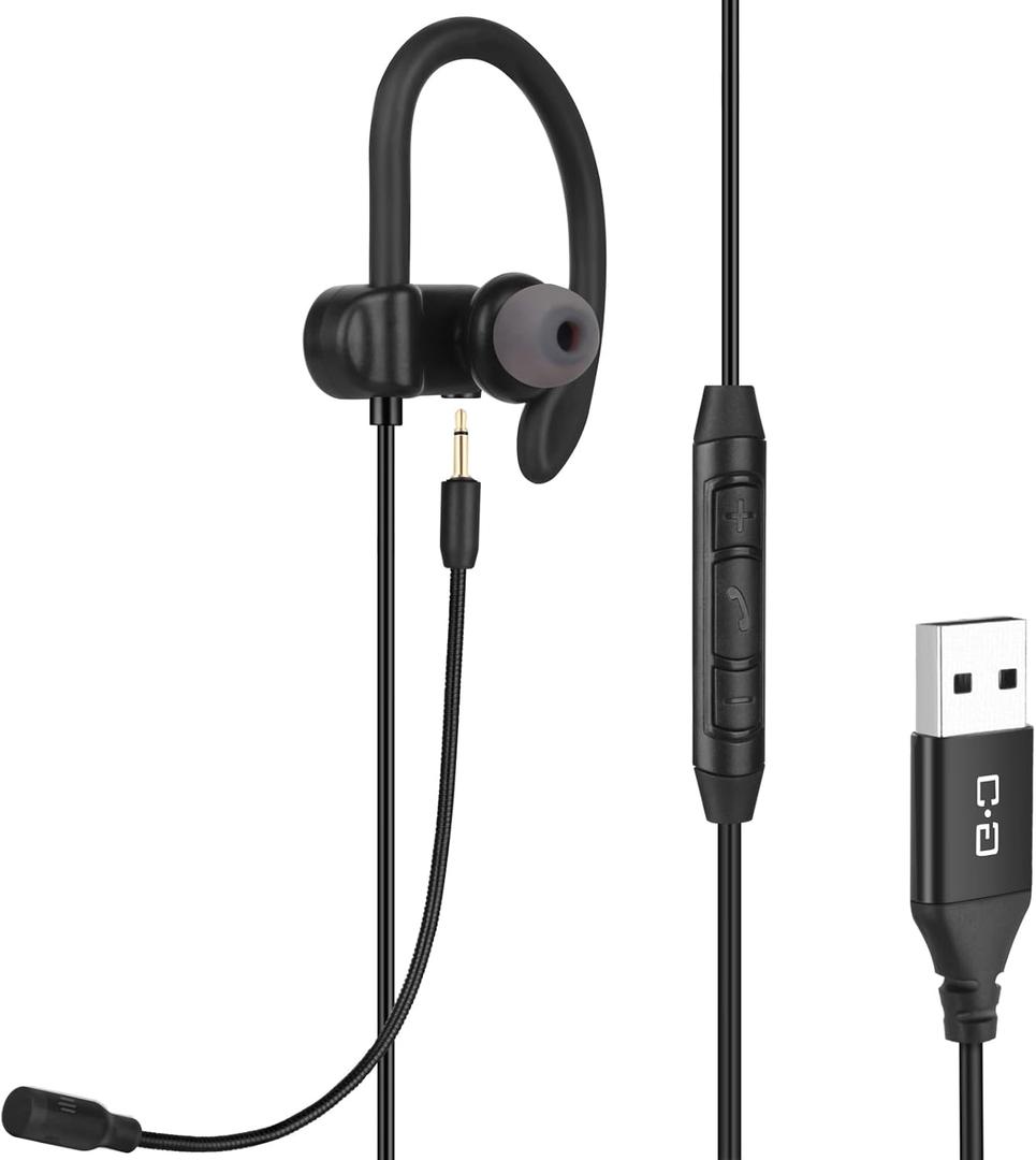 Single-Side USB Earbud with Boom Mic, USB-A Headphone for PC, Mac, Laptop, Desktop, PS4, PS5 & Call Center, Ideal for Conference, Gaming, Remote Work, 5.9FT Long Cord, Right-Ear Only