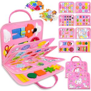 Walenty Busy Board Montessori Toys for Toddler Girl Birthday Gifts, Busy Book Sensory Learning Toys for Toddlers, Educational Activities Airplane Car Travel Toy for Girls (Pink)